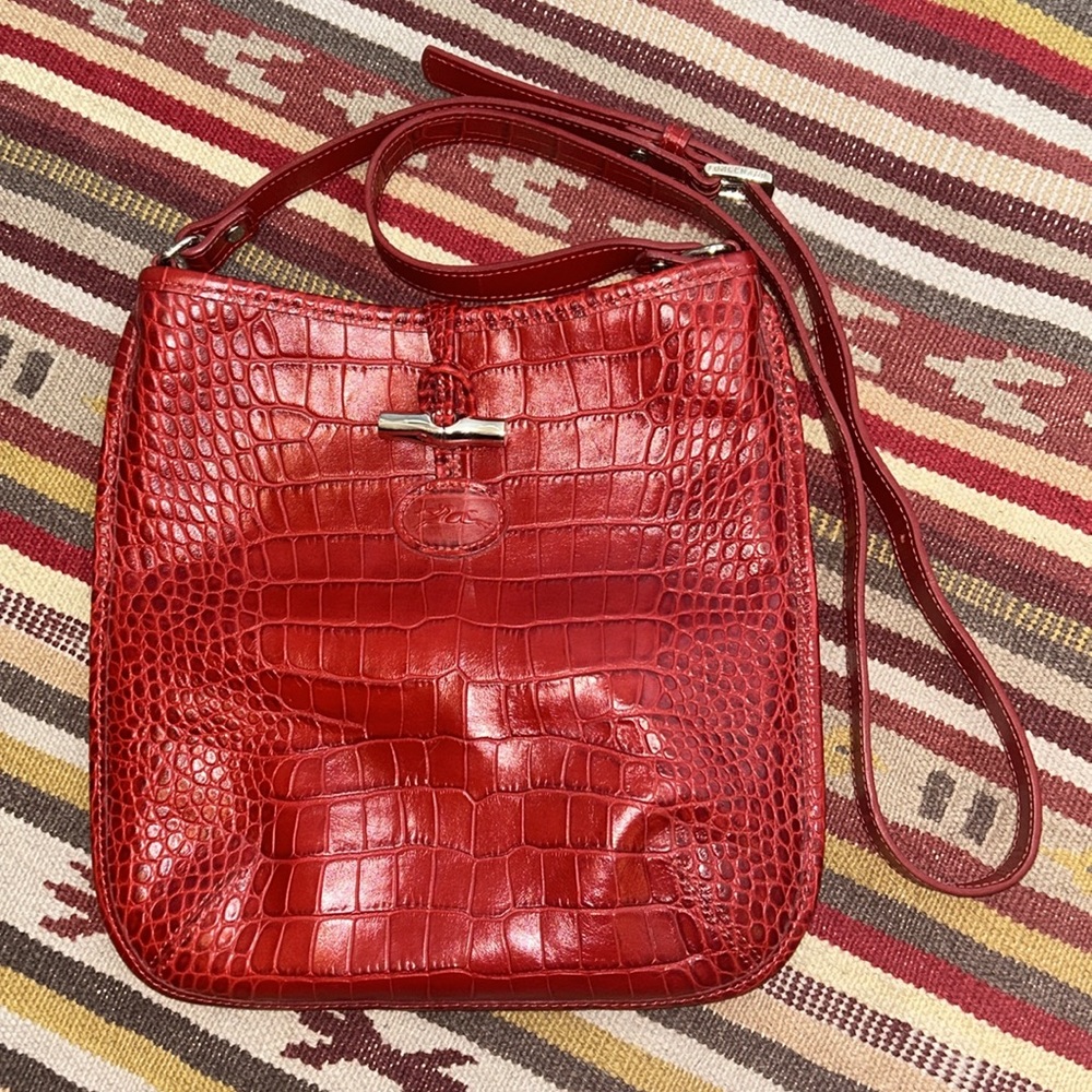 Longchamp Roseau Red Crossbody Bag with Crocodile Embossed Design